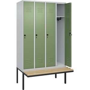 Spind Classic PLUS Sitzbank, 4 Abteile, lichtgrau / resedagrün, B 1200 mm, Sicherheits-Drehriegel, auskragend, Buche-Hartholz C+P