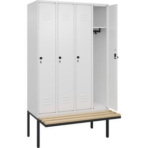 Spind Classic PLUS Sitzbank, 4 Abteile, verkehrsweiß, B 1200 mm, Sicherheits-Drehriegel, auskragend, Buche-Hartholz C+P
