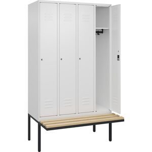 Spind Classic PLUS Sitzbank, 4 Abteile, verkehrsweiß, B 1200 mm, Zylinderschloss, auskragend, Buche-Hartholz C+P