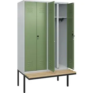 C+P Schwarz-Weiß-Spind Classic PLUS Sitzbank, Trennwand mittig, 2 Abteile, lichtgrau / resedagrün, B 1200 mm, Sicherheits-Drehriegel, auskragend,