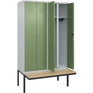C+P Schwarz-Weiß-Spind Classic PLUS Sitzbank, Trennwand mittig, 2 Abteile, lichtgrau / resedagrün, B 1200 mm, Zylinderschloss, auskragend, Buche-Hartholz