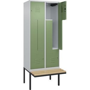Z-Spind Classic PLUS Sitzbank, 2 Abteile, lichtgrau / resedagrün, B 800 mm, Zylinderschloss, auskragend, Buche-Hartholz C+P