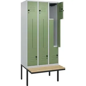 Z-Spind Classic PLUS Sitzbank, 3 Abteile, lichtgrau / resedagrün, B 900 mm, Sicherheits-Drehriegel, auskragend, Buche-Hartholz C+P
