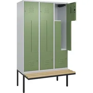 Z-Spind Classic PLUS Sitzbank, 3 Abteile, lichtgrau / resedagrün, B 1200 mm, Zylinderschloss, auskragend, Buche-Hartholz C+P