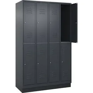 Doppelstock-Spind Classic PLUS, 4 Abteile, grau, HxB 1950 x 1200 mm, mit Bodensockel, Zylinderschloss C+P