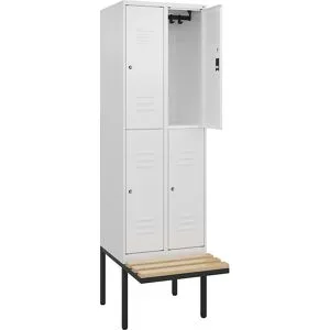 Doppelstock-Spind Classic PLUS Sitzbank, 2 Abteile, verkehrsweiß, B 600 mm, Zylinderschloss, auskragend, Buche-Hartholz C+P