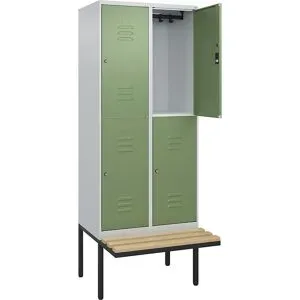 Doppelstock-Spind Classic PLUS Sitzbank, 2 Abteile, lichtgrau / resedagrün, B 800 mm, Zylinderschloss, auskragend, Buche-Hartholz C+P