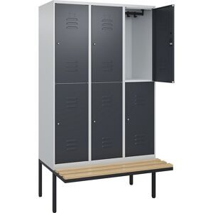 Doppelstock-Spind Classic PLUS Sitzbank, 3 Abteile, lichtgrau / grau, B 1200 mm, Zylinderschloss, auskragend, Buche-Hartholz C+P