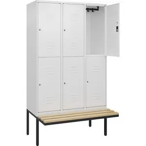 Doppelstock-Spind Classic PLUS Sitzbank, 3 Abteile, verkehrsweiß, B 1200 mm, Zylinderschloss, auskragend, Buche-Hartholz C+P
