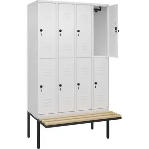 Doppelstock-Spind Classic PLUS Sitzbank, 4 Abteile, verkehrsweiß, B 1200 mm, Sicherheits-Drehriegel, auskragend, Buche-Hartholz C+P
