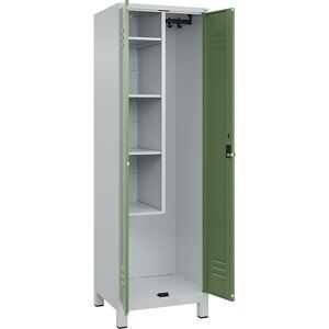 Putzmittelspind Classic PLUS, 1 Abteil, Trennwand mittig, verkürzt, lichtgrau / resedagrün, B 600 mm, mit Füßen, Drehriegel C+P