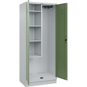 Putzmittelspind Classic PLUS, 1 Abteil, Trennwand mittig, verkürzt, lichtgrau / resedagrün, B 800 mm, mit Bodensockel, Zylinderschloss C+P