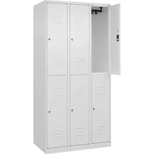 Doppelstock-Spind Classic PLUS, 3 Abteile, verkehrsweiß, HxB 1850 x 900 mm, mit Bodengleitern, Zylinderschloss C+P