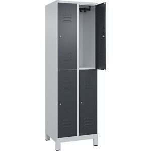 Doppelstock-Spind Classic PLUS, 2 Abteile, lichtgrau / grau, HxB 1950 x 600 mm, mit Füßen, Zylinderschloss C+P