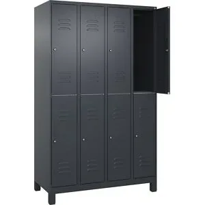 Doppelstock-Spind Classic PLUS, 4 Abteile, grau, HxB 1950 x 1200 mm, mit Füßen, Zylinderschloss C+P