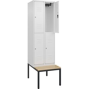 Doppelstock-Spind Classic PLUS Sitzbank, 2 Abteile, verkehrsweiß, B 600 mm, Zylinderschloss, untergebaut, Buche-Hartholz C+P