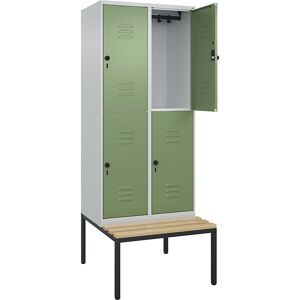 Doppelstock-Spind Classic PLUS Sitzbank, 2 Abteile, lichtgrau / resedagrün, B 800 mm, Sicherheits-Drehriegel, untergebaut, Buche-Hartholz C+P