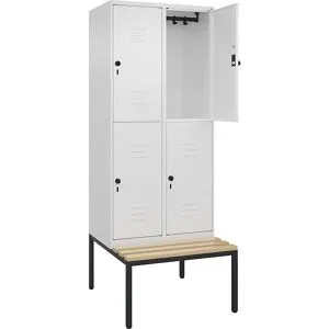 Doppelstock-Spind Classic PLUS Sitzbank, 2 Abteile, verkehrsweiß, B 800 mm, Sicherheits-Drehriegel, untergebaut, Buche-Hartholz C+P