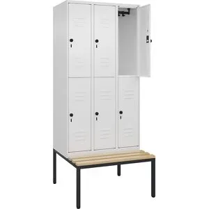 Doppelstock-Spind Classic PLUS Sitzbank, 3 Abteile, verkehrsweiß, B 900 mm, Sicherheits-Drehriegel, untergebaut, Buche-Hartholz C+P