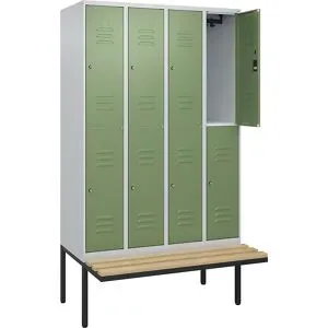 Doppelstock-Spind Classic PLUS Sitzbank, 4 Abteile, lichtgrau / resedagrün, B 1200 mm, Zylinderschloss, auskragend, Buche-Hartholz C+P