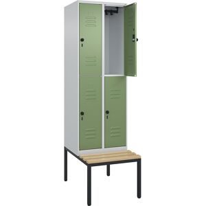 Doppelstock-Spind Classic PLUS Sitzbank, 2 Abteile, lichtgrau / resedagrün, B 600 mm, Sicherheits-Drehriegel, untergebaut, Buche-Hartholz C+P