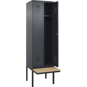 kaiserkraft Spind Evolo PLUS Sitzbank, 2 Abteile, grau, B 600 mm, Zylinderschloss, mit auskragender Sitzbank, Buche