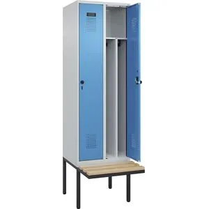 kaiserkraft Schwarz-Weiß-Spind Evolo PLUS Sitzbank, schmal, 2 Abteile, verkürzte Trennwand mittig, lichtgrau / lichtblau, B 600 mm, Sicherheits-Drehriegel, mit