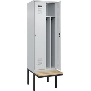 kaiserkraft Schwarz-Weiß-Spind Evolo PLUS Sitzbank, schmal, 2 Abteile, verkürzte Trennwand mittig, lichtgrau / lichtgrau, B 600 mm, Zylinderschloss, mit