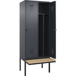 kaiserkraft Schwarz-Weiß-Spind Evolo PLUS Sitzbank, schmal, 2 Abteile, verkürzte Trennwand mittig, grau, B 800 mm, Sicherheits-Drehriegel, mit auskragender