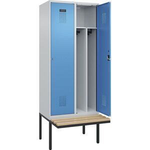 kaiserkraft Schwarz-Weiß-Spind Evolo PLUS Sitzbank, schmal, 2 Abteile, verkürzte Trennwand mittig, lichtgrau / lichtblau, B 800 mm, Zylinderschloss, mit