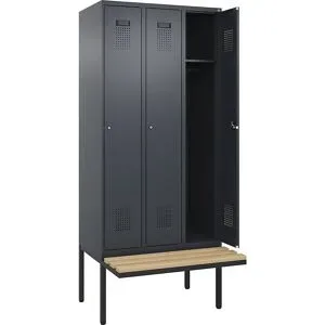 kaiserkraft Spind Evolo PLUS Sitzbank, 3 Abteile, grau, B 900 mm, Zylinderschloss, mit auskragender Sitzbank, Buche