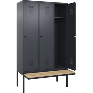 kaiserkraft Spind Evolo PLUS Sitzbank, 3 Abteile, grau, B 1200 mm, Sicherheits-Drehriegel, mit auskragender Sitzbank, Buche