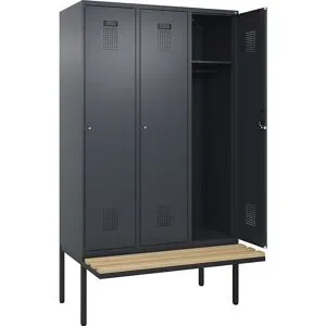 kaiserkraft Spind Evolo PLUS Sitzbank, 3 Abteile, grau, B 1200 mm, Zylinderschloss, mit auskragender Sitzbank, Buche