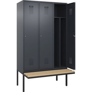 kaiserkraft Schwarz-Weiß-Spind Evolo PLUS Sitzbank, schmal, 3 Abteile, verkürzte Trennwand mittig, grau, B 1200 mm, Zylinderschloss, mit auskragender Sitzbank,