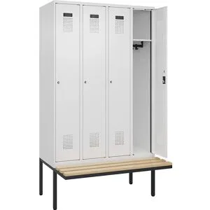 Kleiderspind C+P Evolo Plus, 4 Abteile à 300 mm Breite, schwebende Sitzbank, B 1200 x T 815 x H 2120 mm, Zylinder, verkehrsweiss/verkehrsweiss