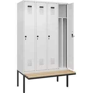 kaiserkraft Schwarz-Weiß-Spind Evolo PLUS Sitzbank, schmal, 4 Abteile, verkürzte Trennwand mittig, weiß, B 1200 mm, Sicherheits-Drehriegel, mit auskragender