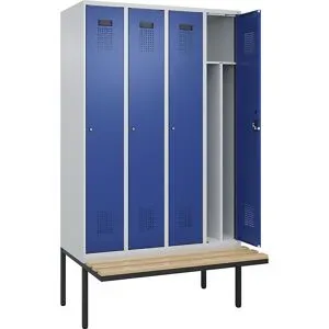 kaiserkraft Schwarz-Weiß-Spind Evolo PLUS Sitzbank, schmal, 4 Abteile, verkürzte Trennwand mittig, lichtgrau / enzianblau, B 1200 mm, Zylinderschloss, mit