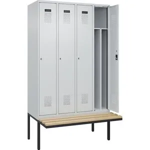 kaiserkraft Schwarz-Weiß-Spind Evolo PLUS Sitzbank, schmal, 4 Abteile, verkürzte Trennwand mittig, lichtgrau / lichtgrau, B 1200 mm, Zylinderschloss, mit