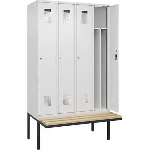 kaiserkraft Schwarz-Weiß-Spind Evolo PLUS Sitzbank, schmal, 4 Abteile, verkürzte Trennwand mittig, weiß, B 1200 mm, Zylinderschloss, mit auskragender Sitzbank,
