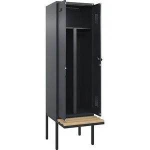 kaiserkraft Schwarz-Weiß-Spind Evolo PLUS Sitzbank, 2 Abteile, verkürzte Trennwand mittig, grau, B 600 mm, Sicherheits-Drehriegel, mit auskragender Sitzbank,