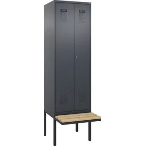 kaiserkraft Schwarz-Weiß-Spind Evolo PLUS Sitzbank, 2 Abteile, verkürzte Trennwand mittig, grau, B 600 mm, Zylinderschloss, mit auskragender Sitzbank, Buche