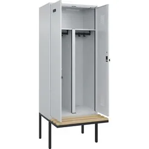 kaiserkraft Schwarz-Weiß-Spind Evolo PLUS Sitzbank, 2 Abteile, verkürzte Trennwand mittig, lichtgrau / lichtgrau, B 800 mm, Sicherheits-Drehriegel, mit