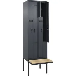 kaiserkraft Z-Spind Evolo PLUS Sitzbank, 2 Abteile, grau, B 600 mm, Sicherheits-Drehriegel, mit auskragender Sitzbank, Buche