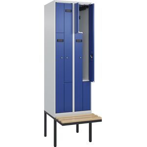 kaiserkraft Z-Spind Evolo PLUS Sitzbank, 2 Abteile, lichtgrau / enzianblau, B 600 mm, Zylinderschloss, mit auskragender Sitzbank, Buche