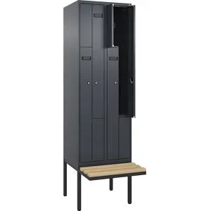 kaiserkraft Z-Spind Evolo PLUS Sitzbank, 2 Abteile, grau, B 600 mm, Zylinderschloss, mit auskragender Sitzbank, Buche