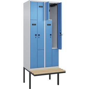 kaiserkraft Z-Spind Evolo PLUS Sitzbank, 2 Abteile, lichtgrau / lichtblau, B 800 mm, Sicherheits-Drehriegel, mit auskragender Sitzbank, Buche