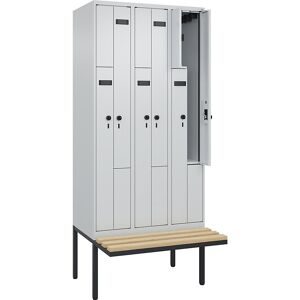 kaiserkraft Z-Spind Evolo PLUS Sitzbank, 3 Abteile, lichtgrau / lichtgrau, B 900 mm, Sicherheits-Drehriegel, mit auskragender Sitzbank, Buche