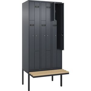 kaiserkraft Z-Spind Evolo PLUS Sitzbank, 3 Abteile, grau, B 900 mm, Zylinderschloss, mit auskragender Sitzbank, Buche