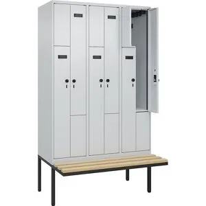 kaiserkraft Z-Spind Evolo PLUS Sitzbank, 3 Abteile, lichtgrau / lichtgrau, B 1200 mm, Sicherheits-Drehriegel, mit auskragender Sitzbank, Buche