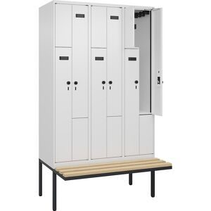 kaiserkraft Z-Spind Evolo PLUS Sitzbank, 3 Abteile, weiß, B 1200 mm, Sicherheits-Drehriegel, mit auskragender Sitzbank, Buche